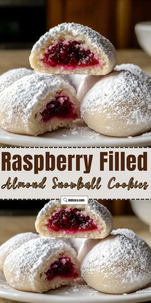 Delicious Raspberry Filled Almond Snowball Cookies on a white plate