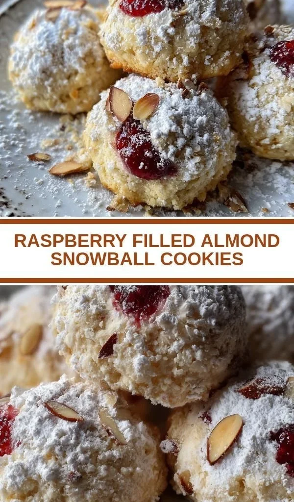Delicious Raspberry Filled Almond Snowball Cookies on a plate
