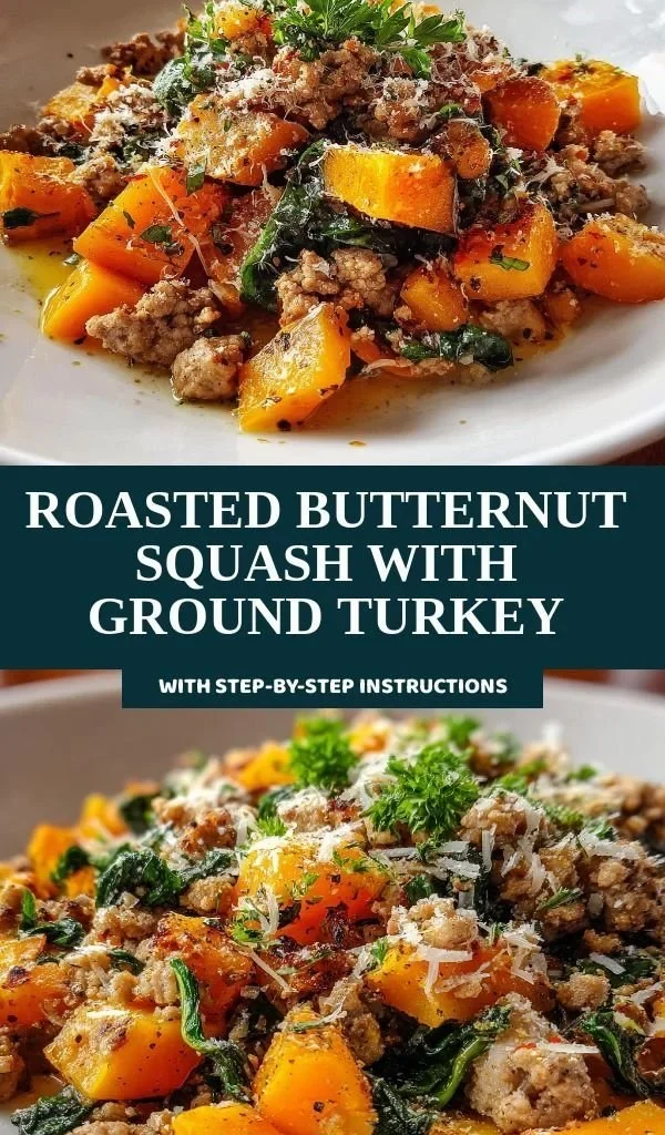 Roasted butternut squash with ground turkey served on a plate