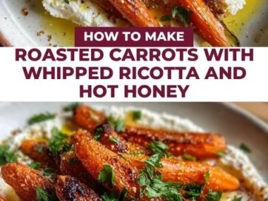 Plate of roasted carrots with whipped ricotta and drizzled hot honey