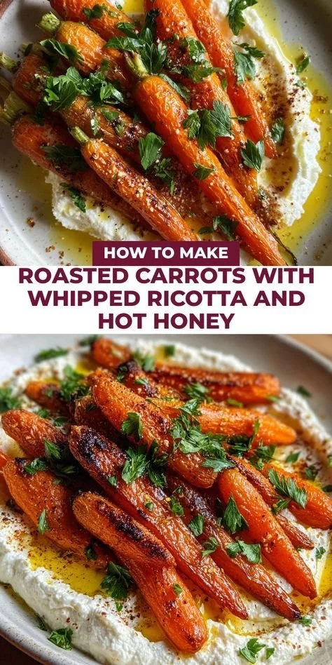Plate of roasted carrots with whipped ricotta and drizzled hot honey