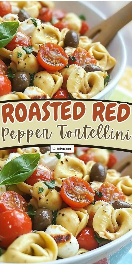 Delicious roasted red pepper and Parmesan tortellini salad served in a bowl