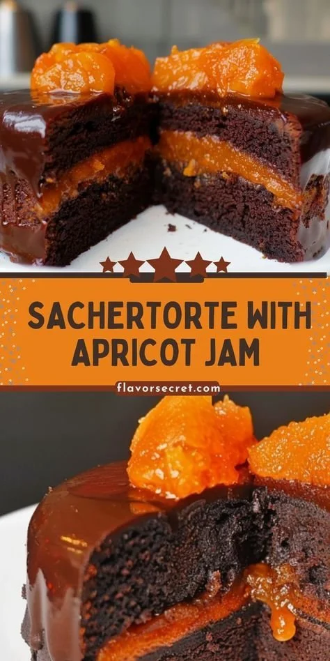 Delicious slice of traditional Sacher Cake with chocolate icing and apricot jam