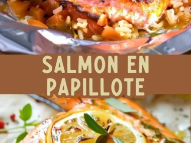 Salmon fillet baked in parchment paper with citrus butter drizzle.