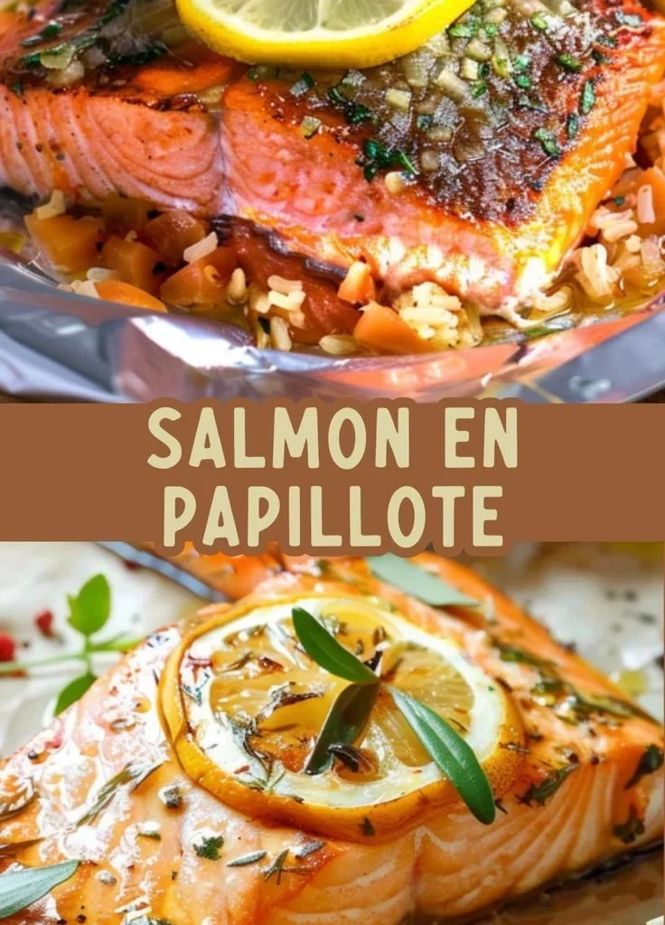 Salmon fillet baked in parchment paper with citrus butter drizzle.