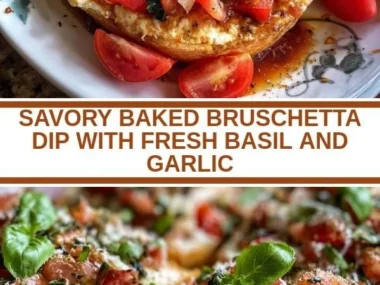 Savory baked bruschetta dip with fresh basil and garlic served in a dish