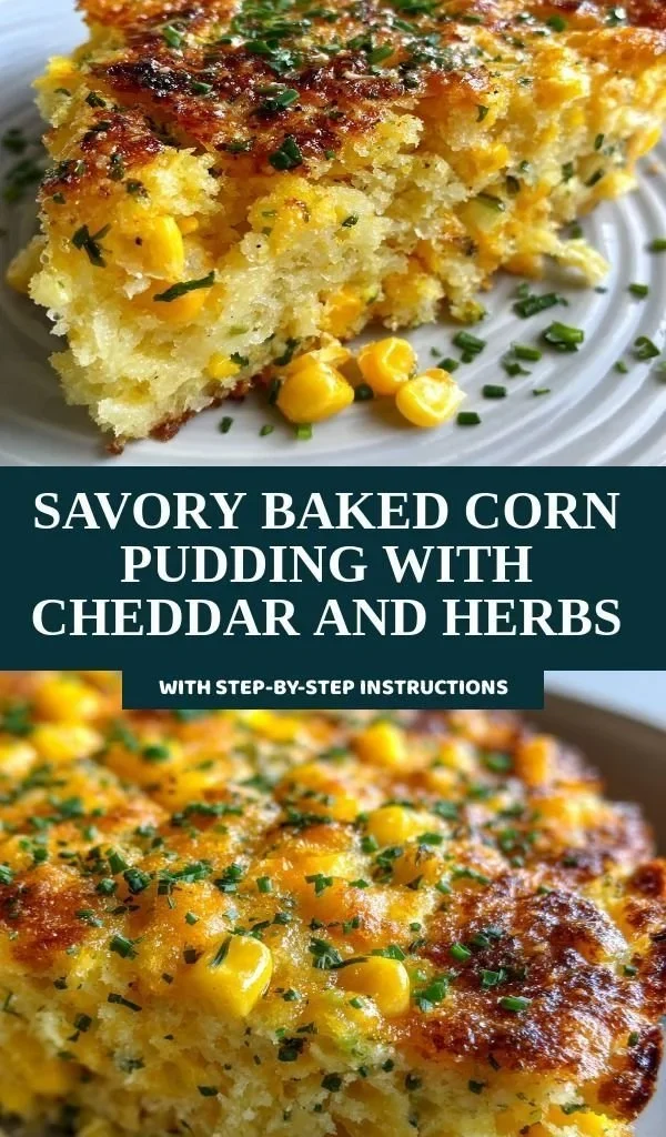 Savory baked corn pudding with cheddar and fresh herbs in a baking dish