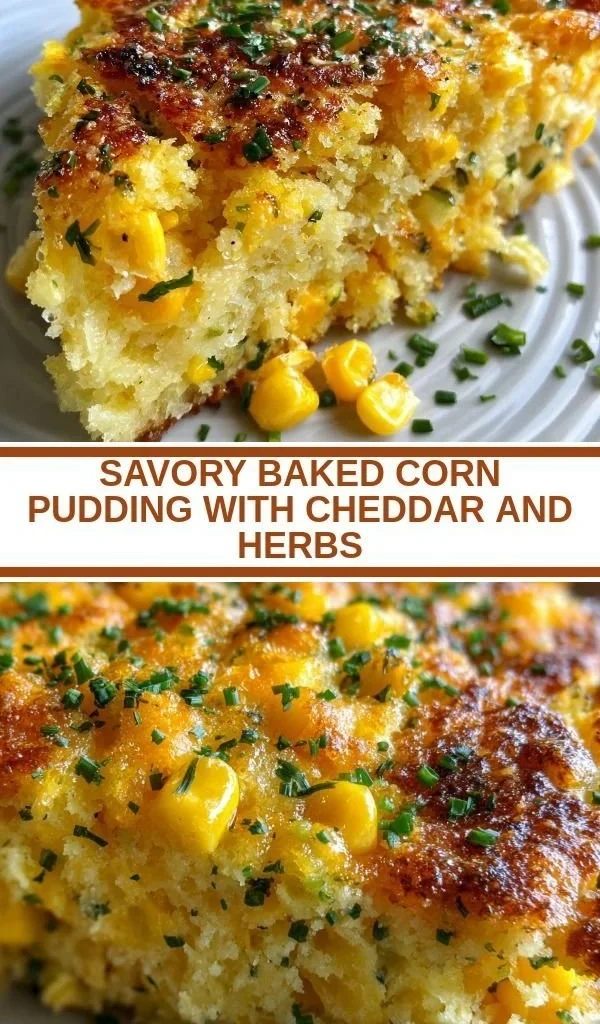 Savory baked corn pudding with cheddar cheese and herbs in a dish