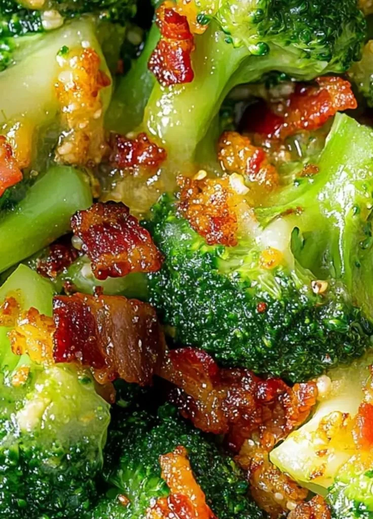 Savory broccoli with garlic sauce and crispy bacon on a white plate