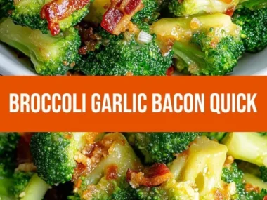 Savory broccoli with garlic sauce and crispy bacon served on a plate