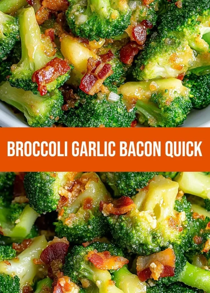 Savory broccoli with garlic sauce and crispy bacon served on a plate