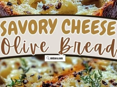 Savory cheese olive quick bread fresh from the oven, sliced and ready to enjoy.