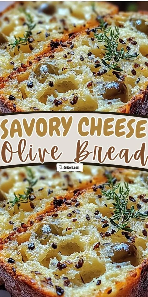 Savory cheese olive quick bread fresh from the oven, sliced and ready to enjoy.