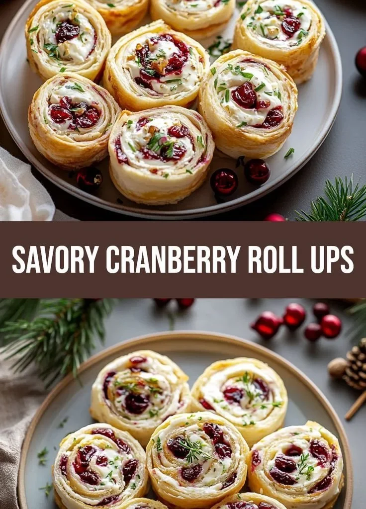 Savory Christmas Cranberry Roll Ups on a festive platter