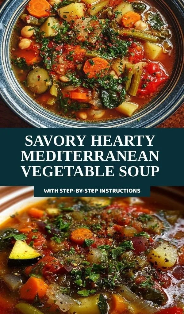 Bowl of savory hearty Mediterranean vegetable soup garnished with fresh herbs.