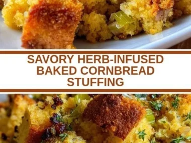 Savory herb-infused baked cornbread stuffing in a dish, ideal for holiday meals.