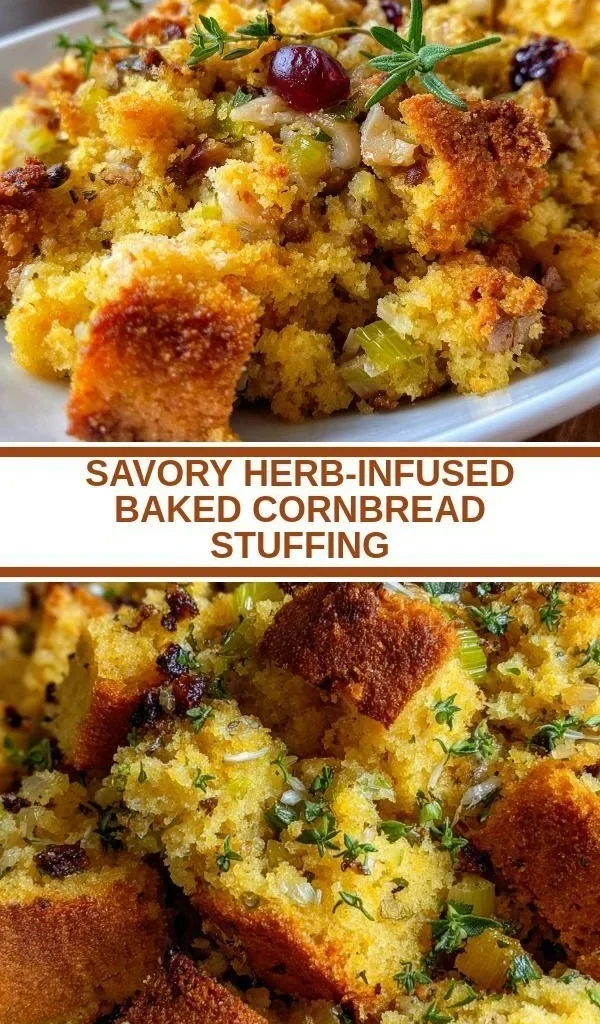 Savory herb-infused baked cornbread stuffing in a dish, ideal for holiday meals.