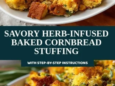 Savory herb-infused baked cornbread stuffing ready for serving
