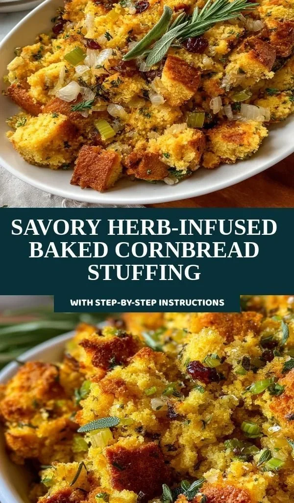 Savory herb-infused baked cornbread stuffing ready for serving