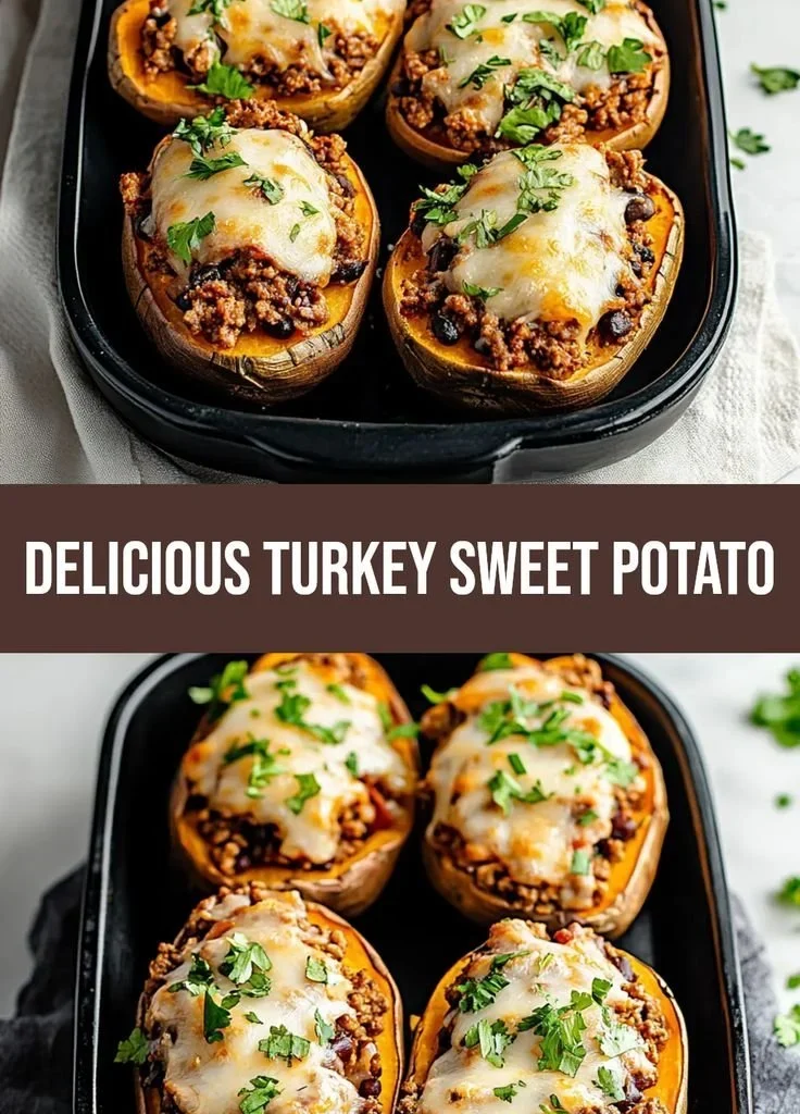 Savory ground turkey stuffed sweet potatoes on a plate, garnished and ready to eat.