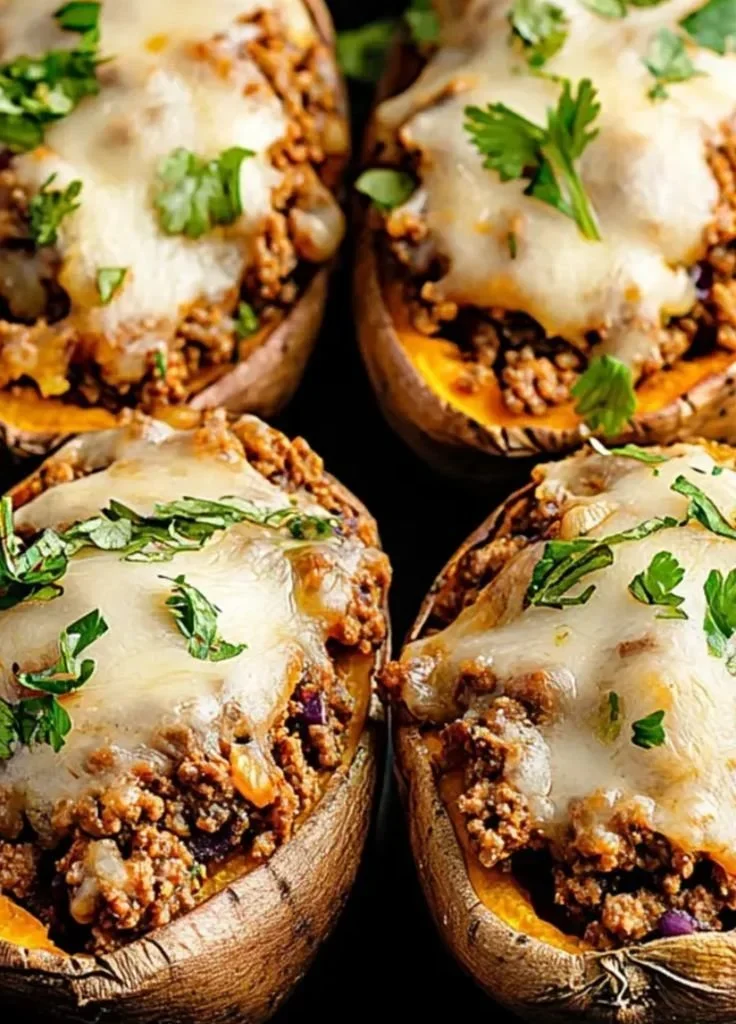 Savory high protein ground turkey stuffed in sweet potatoes dish