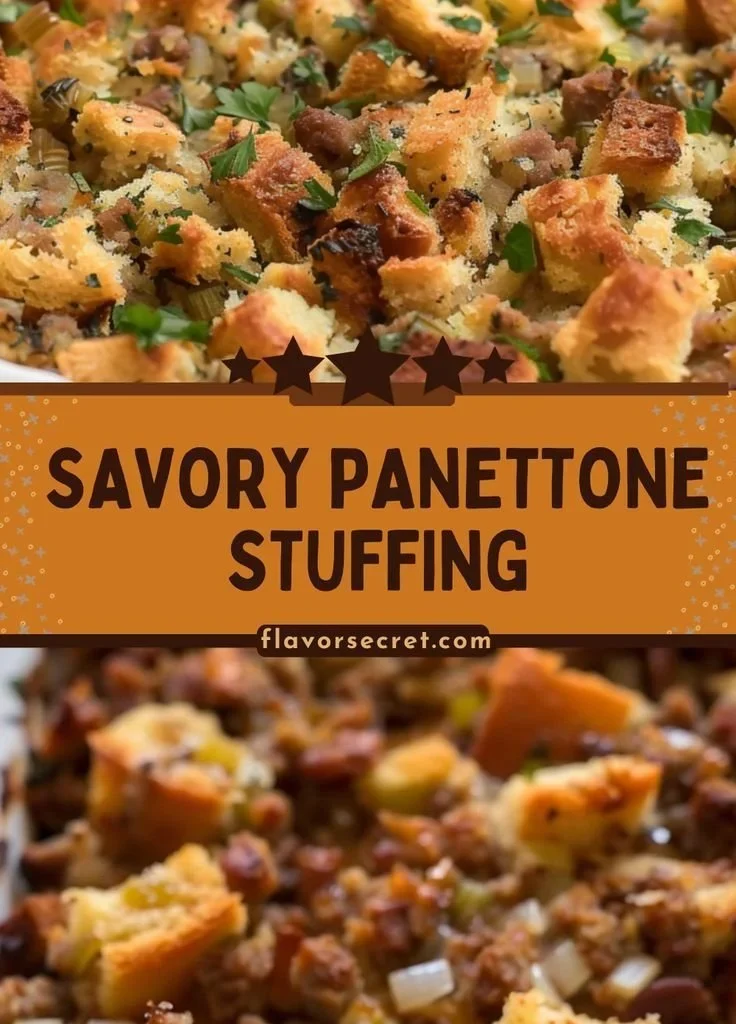Savory panettone stuffing with Italian sausage in a festive dish