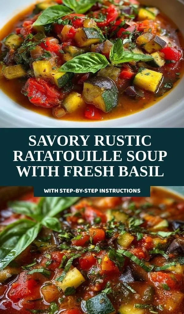 Bowl of savory rustic ratatouille soup garnished with fresh basil.
