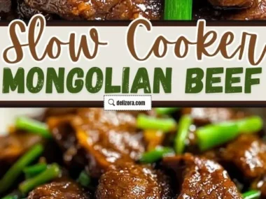 Slow cooker Mongolian beef served with rice and vegetables for a delicious meal.