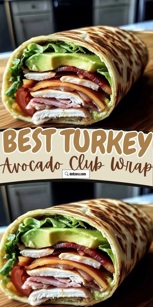Turkey Avocado Club Wrap on a plate, perfect for quick lunches.