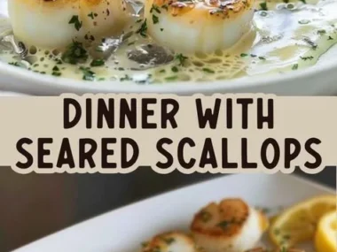 Delicious seared scallops garnished with lemon butter sauce on a plate