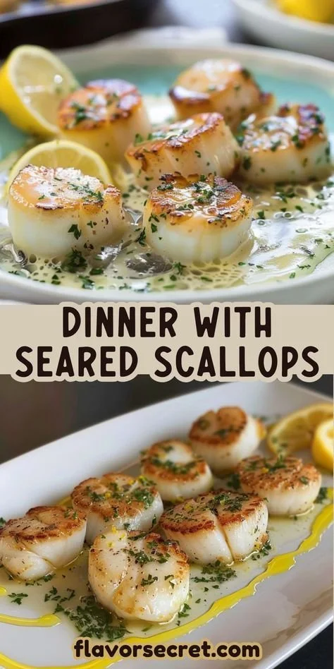 Delicious seared scallops garnished with lemon butter sauce on a plate