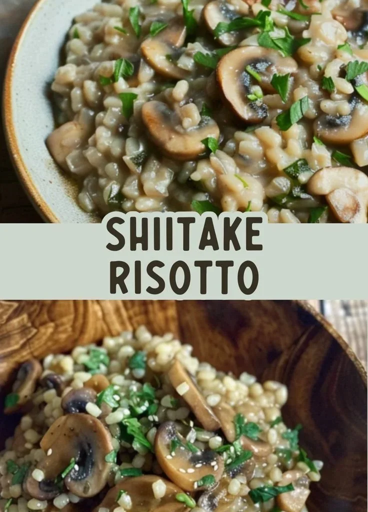 Delicious Shiitake and Barley Winter Risotto served in a bowl.
