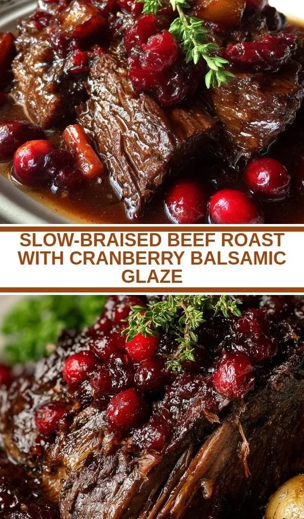 Slow-braised beef roast with cranberry balsamic glaze served on a plate.