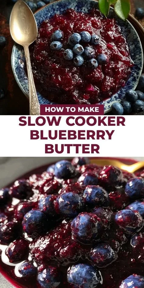 Homemade blueberry butter in a slow cooker, perfect for spreading on toast.