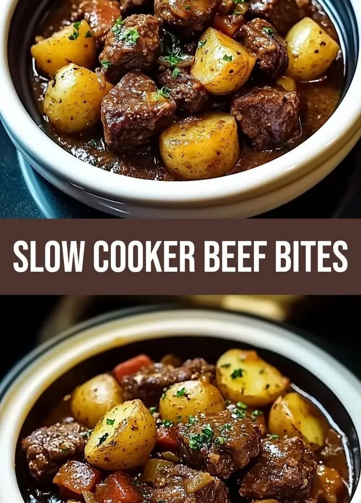 Delicious slow cooker garlic butter beef bites with potatoes served on a plate