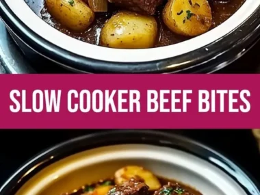Slow Cooker Garlic Butter Beef Bites with Potatoes in a serving dish