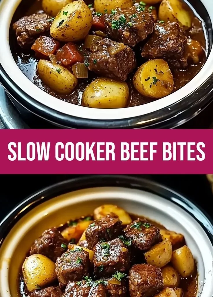 Slow cooker garlic butter beef bites and potatoes dish served in a bowl