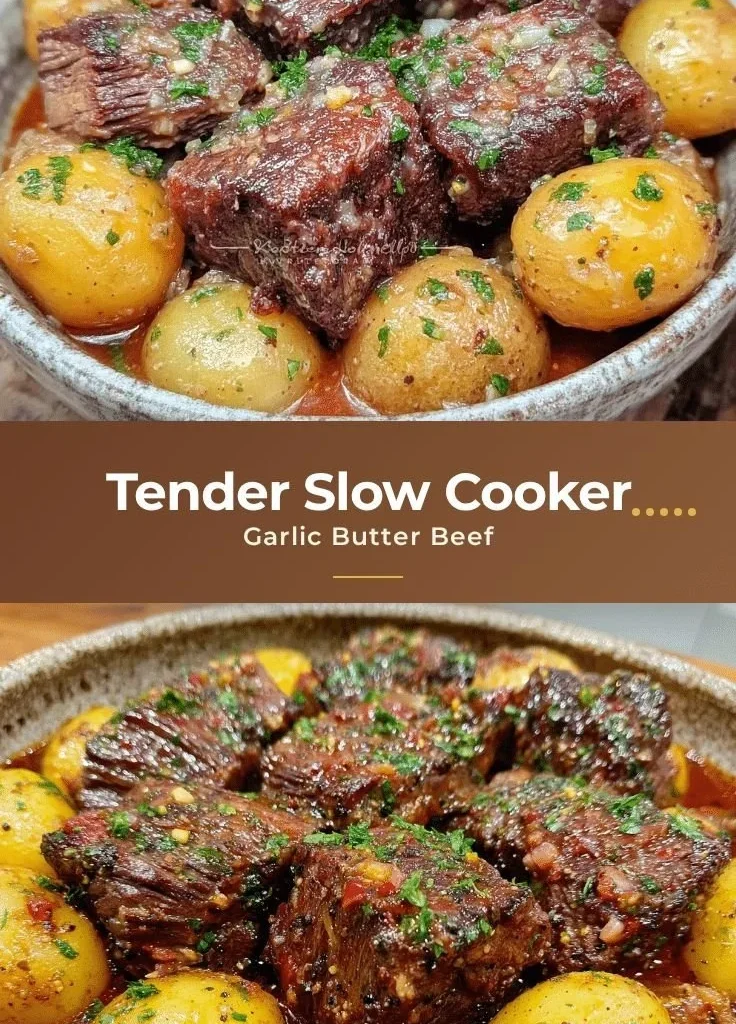 Slow Cooker Garlic Butter Beef served with tender potatoes