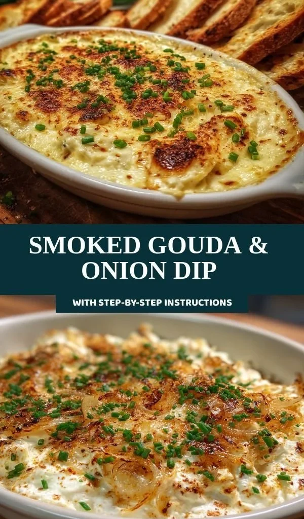 Creamy Smoked Gouda Dip with caramelized onions served in a bowl.