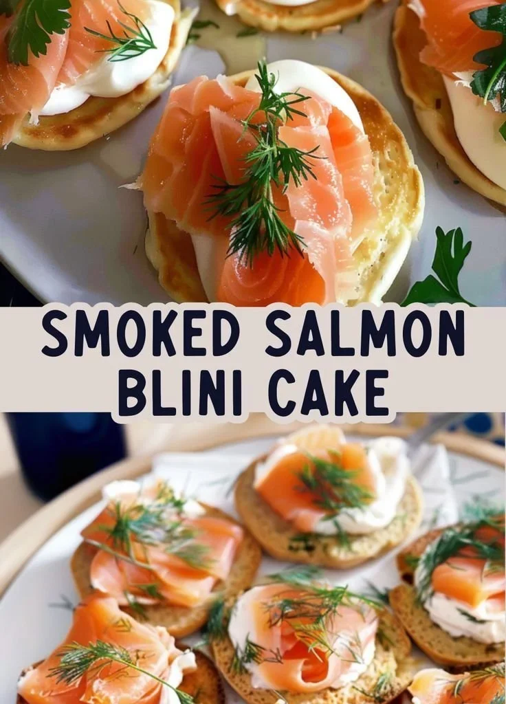 Delicious smoked salmon and dill blini cake garnished for an enticing presentation.