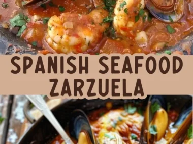 Delicious Spanish Seafood Zarzuela featuring fresh fish and shellfish in a vibrant sauce.