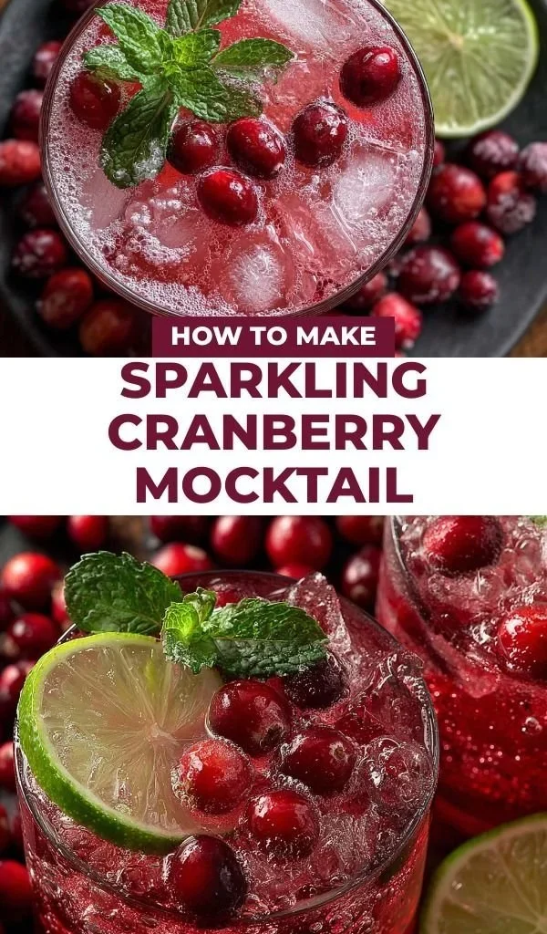 Sparkling Cranberry Mocktail served in a glass with fresh cranberries and mint leaves