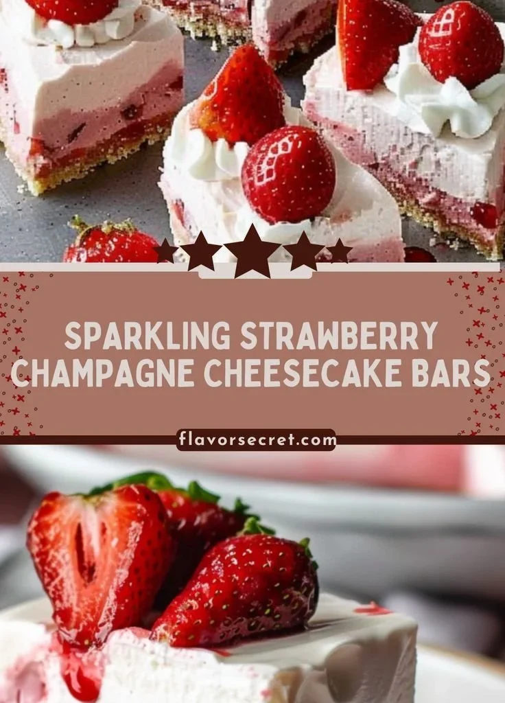 Sparkling Strawberry Champagne Cheesecake Bars topped with fresh strawberries
