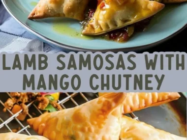 Spiced lamb samosas served with mango chutney on a rustic wooden table