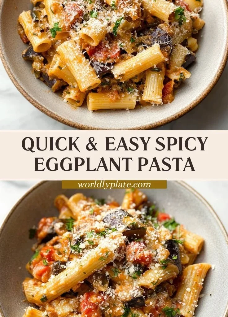 Spicy eggplant pasta served in a white bowl garnished with herbs
