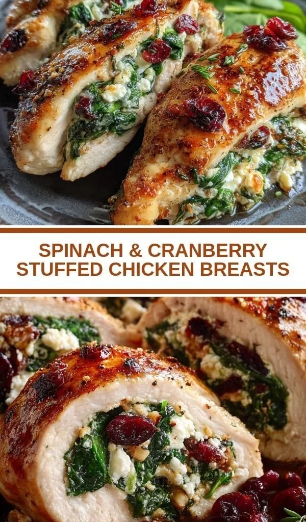 Spinach and cranberry stuffed chicken breasts served on a plate