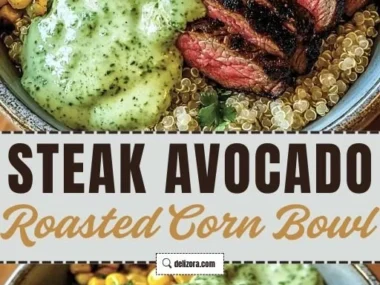 Steak Avocado Bowl with roasted corn and cilantro cream sauce