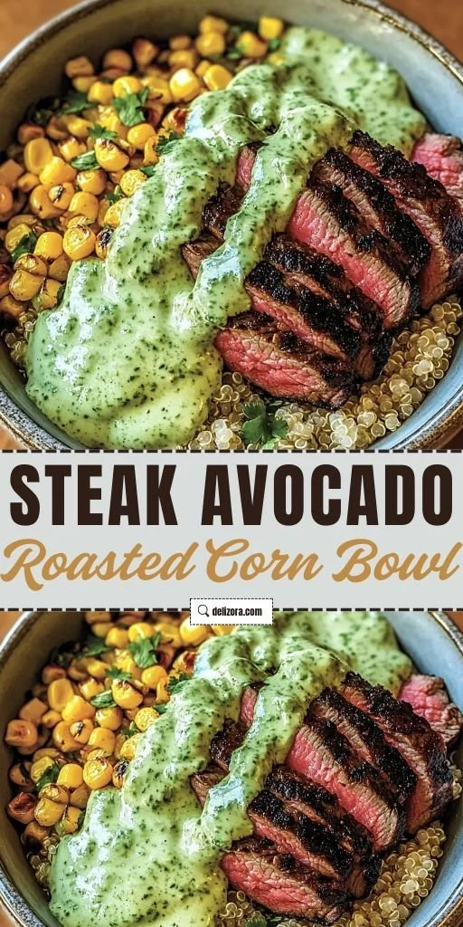 Steak Avocado Bowl with roasted corn and cilantro cream sauce