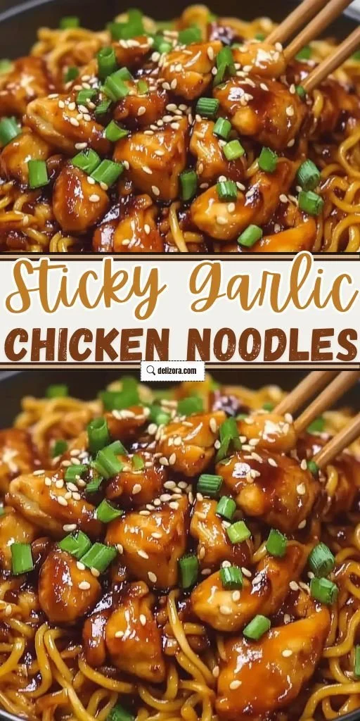 Plate of sticky garlic chicken noodles garnished with herbs.