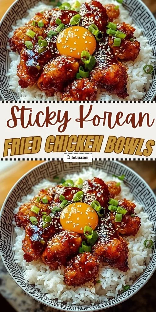 Sticky Korean Fried Chicken served with rice in a colorful bowl